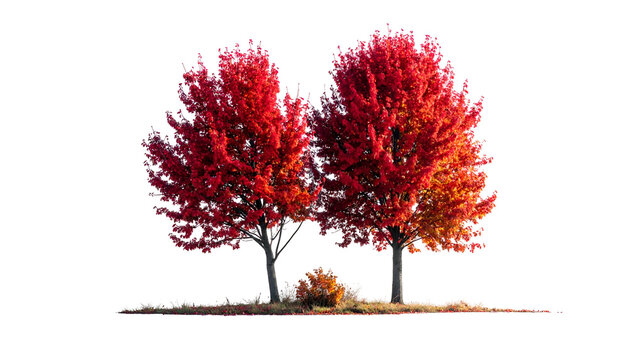 Two vibrant trees with fiery red foliage stand against a stark black background - Powered by Adobe