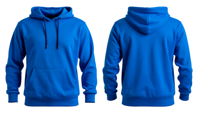 Front & back view of a vibrant blue hooded sweatshirt
