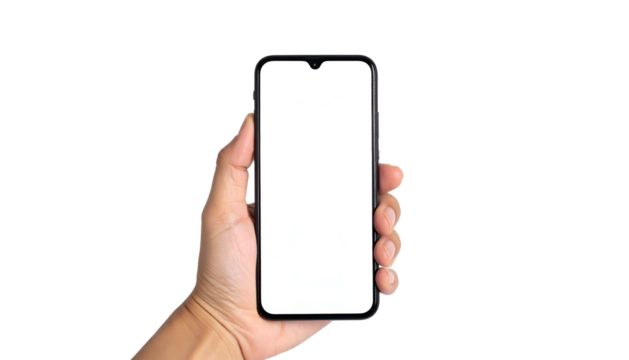Hand holding smartphone with blank white screen against black backdrop