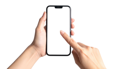 Human hands holding a smartphone with a blank screen and pointing at it