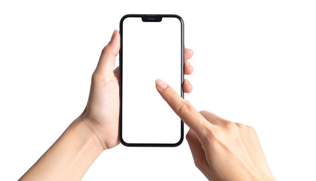 Human hands holding a smartphone with a blank screen and pointing at it