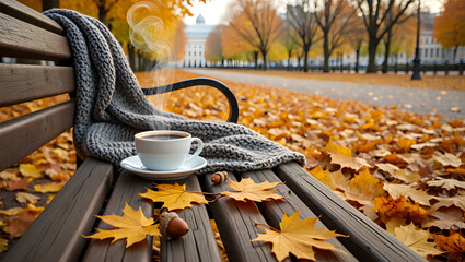 Cozy autumn: a blanket, coffee, and yellow leaves