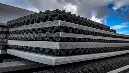 Close-up of layered construction materials with textured surfaces and a cloudy sky background