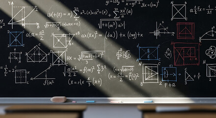 A chalkboard covered in a complex array of mathematical equations. Capturing the essence of education, learning, and the pursuit of knowledge.