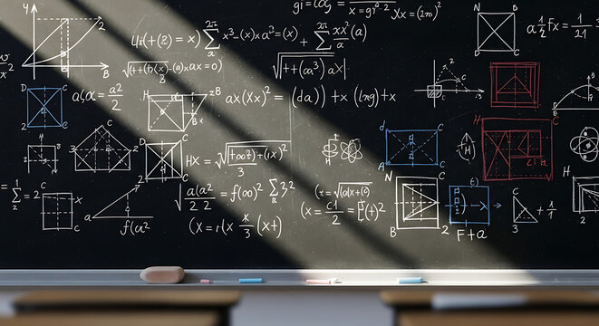 A chalkboard covered in a complex array of mathematical equations. Capturing the essence of education, learning, and the pursuit of knowledge. - Powered by Adobe