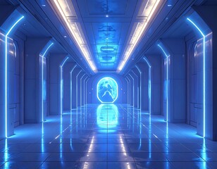 Futuristic hallway with blue and white neon lights, reflective floor