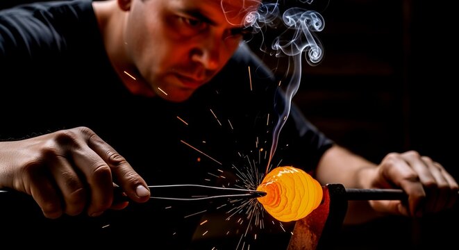 Glassblower Working with Molten Glass in Artisan Workshop - Powered by Adobe