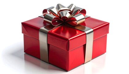 Obraz premium Red gift box presents a silver bow. Presents a surprise. For marketing, web, and design use.