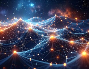 Futuristic digital network with interconnected nodes against a starry backdrop
