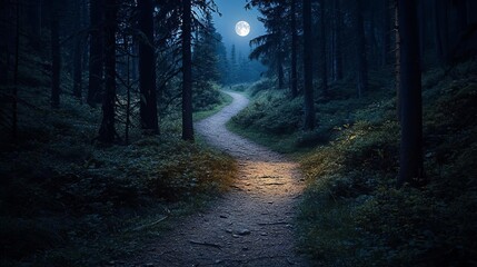Fototapeta premium Moonlit forest path winding through dark trees, illuminated by moonlight and soft light.