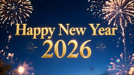 Classic Happy New Year 2026 with golden serif font deep blue night sky glowing fireworks cinematic 16_9 shot
