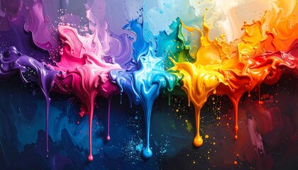 A vibrant abstract display of thick, glossy paint in rainbow hues cascading downward, creating an energetic and colorful composition