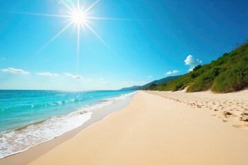 Obraz premium Vast, sandy beach stretching to a clear horizon under a bright sky Perfect for travel, vacation, or summer themed projects Serenity and endless possibilities await , dune, expanse