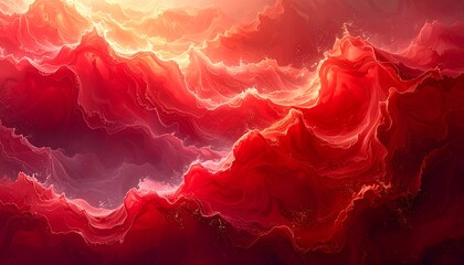 A vibrant, abstract display with billowing clouds, painted in vivid shades of red and orange, illuminated from above, creating an ethereal glow