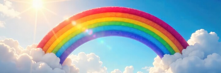 Vibrant spectrum of rainbow colors displayed in a captivating arc against a clear, sunny sky  Perfect for illustrating concepts of diversity, hope, and joy ,  optimism,  vibrant colors