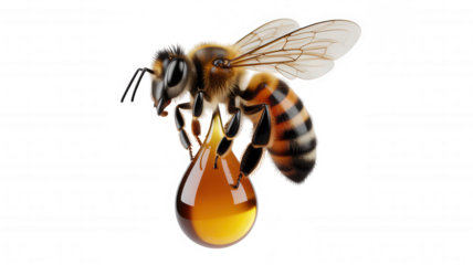 Honey bee with amber drop of honey on transparent background black background insect animal