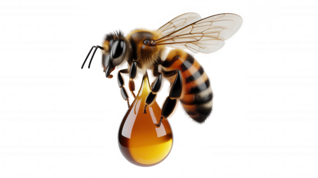 Honey bee with amber drop of honey on transparent background black background insect animal