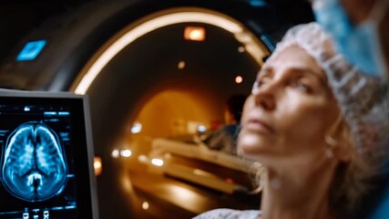 Focused brain surgery team working diligently with senior patient in modern operating room environment, providing advanced medical care and attention - Powered by Adobe