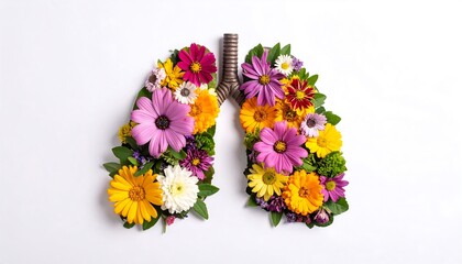 Vivid depiction of floral lung anatomy on white background, symbolizing health, nature, and renewal. Colors, composition, and theme convey harmony