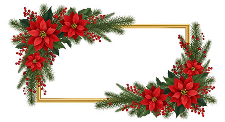 Elegant golden rectangle frame adorned with lush greenery and vibrant red poinsettias isolated on white background
