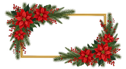 Elegant golden rectangle frame adorned with lush greenery and vibrant red poinsettias isolated on white background