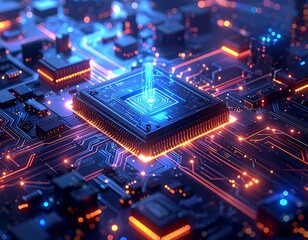 Futuristic macro view of an illuminated central processing unit