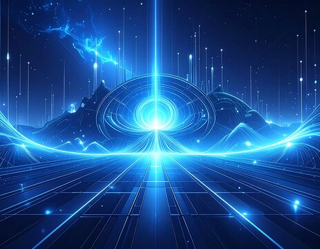 Futuristic cityscape with bright beams of light and geometric patterns - Powered by Adobe