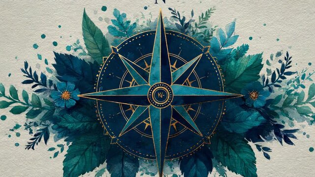 Watercolor Compass Rose with Floral Accents, Nautical Navigation Symbol with Teal and Gold Details, Decorative Illustration for Travel and Adventure