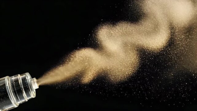 Gold powder exploding from bottle creates magical shimmer against dark backdrop, perfect for beauty, cosmetic and luxury brand campaigns