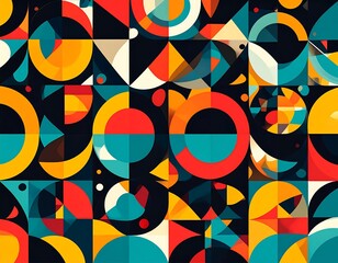 A vibrant, abstract geometric composition with varied shapes and colors, set against a dark background. Squares, circles, triangles, and arcs form a dynamic visual