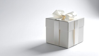 Gift box sits on white surface. Clean, modern design for marketing, product mockups, or backgrounds. Represents elegance, celebration, luxury.