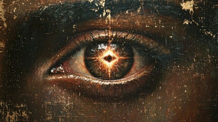 Mystical Golden Eye with Radiant Starburst Pupil on Aged Textured Painting Canvas