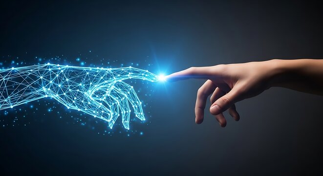A human hand touching with digital hand, digital transformation. technology innovation concept - Powered by Adobe