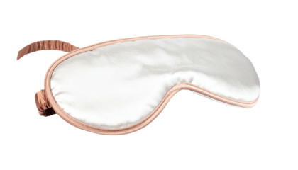 Silk sleep mask, light inner, pink trim & band, isolated on black