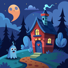 Whimsical haunted house under a spooky moon on a dark halloween night
