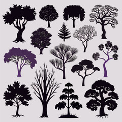Collection of diverse tree silhouettes on a light background, nature art