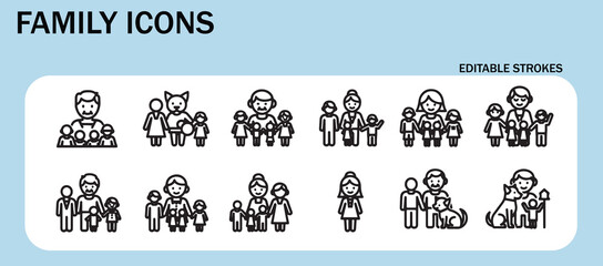 Family line icons set – Includes parents, children, pregnant, elderly and love. Editable stroke. Colored vector illustration.