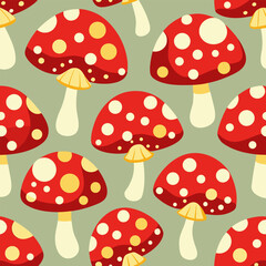Seamless pattern of red mushrooms with white spots for a whimsical design