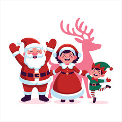 Cartoon Christmas Characters Set - Santa Claus, Mrs. Claus, Elf, and Reindeer Silhouette