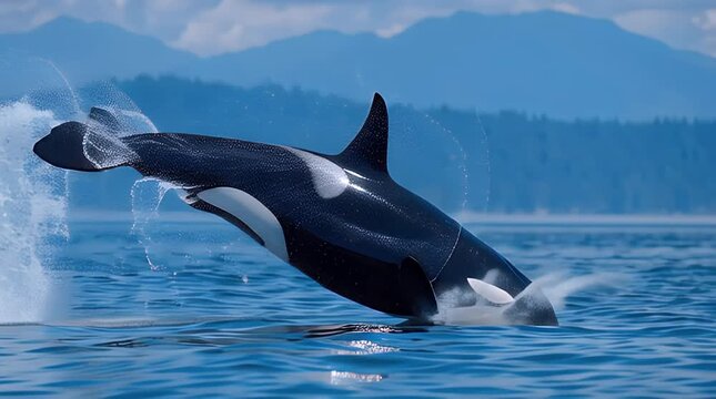 A powerful orca breaches from blue ocean water, creating white splashes. Mountains afar