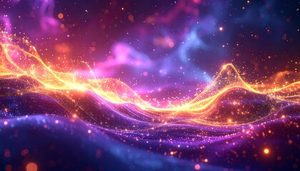 A vibrant, abstract, glowing, colorful design. Waves of light and particles blend in a cosmic or ethereal scene with bokeh