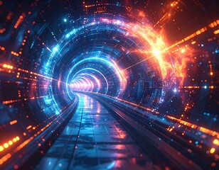 Futuristic tunnel glowing with vibrant blue and orange light