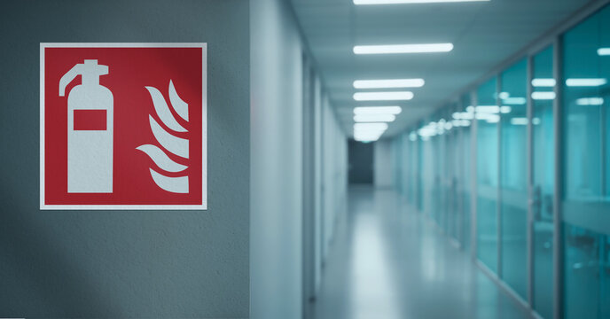 Illuminated emergency exit sign in office corridor. Fire estinguisher sign on an industrial style wall. Close up of a sign in the building corridor. Selective focus image. Emergency sign.	