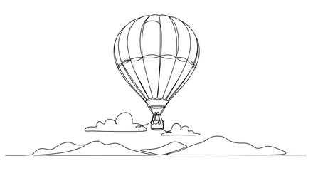 Continuous line drawing of hot air balloon flying over mountains and clouds adventure travel illustration