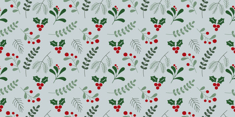 
The illustration depicts a festive Christmas pattern with green leaves and red berries on a light background. Seamless vector flat illustration