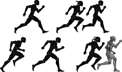 Running Robot and Cyborg Silhouettes Vector Set, Dynamic Running Action Poses, Black and White Sprinting Characters.