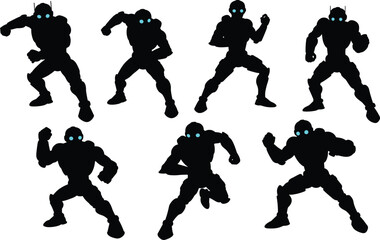 Aggressive Robot Combat Poses Sprite Sheet, Black Silhouette Sci-Fi Android Vector Character Design, Dynamic Villain AI Attack.