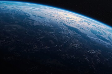 Fototapeta premium Glowing planet Earth floats in cosmic darkness, illuminated by sunlight and surrounded by stars