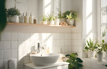 Bright and Clean Bathroom Interior with Bathtub, Plants, and Minimal Decor