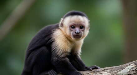 Obraz premium White faced capuchin monkey on a tree branch Black and white fur contrasts with the blurred green jungle background